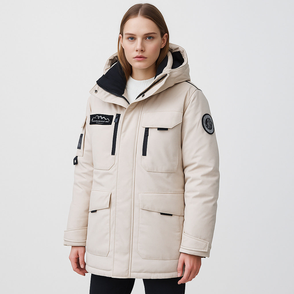 Parcà à capuche style workwear avec duvet pour femme, hiver.