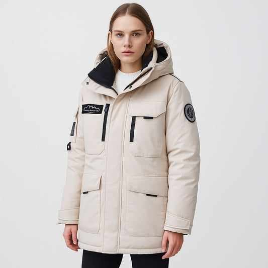 Parcà à capuche style workwear avec duvet pour femme, hiver.